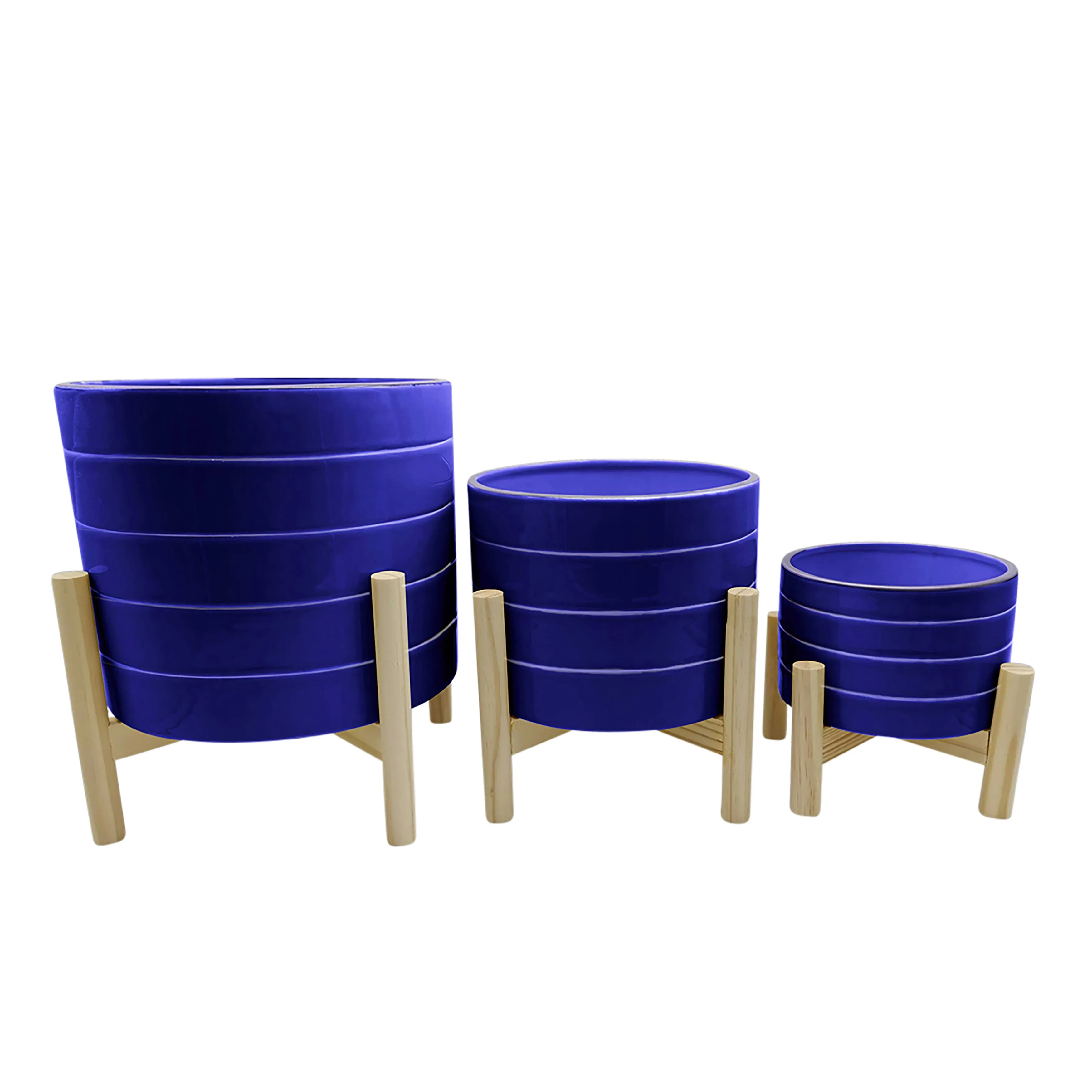 10" Striped Planter W/ Wood Stand, Navy