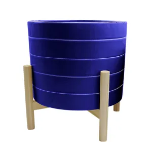 10" Striped Planter W/ Wood Stand, Navy