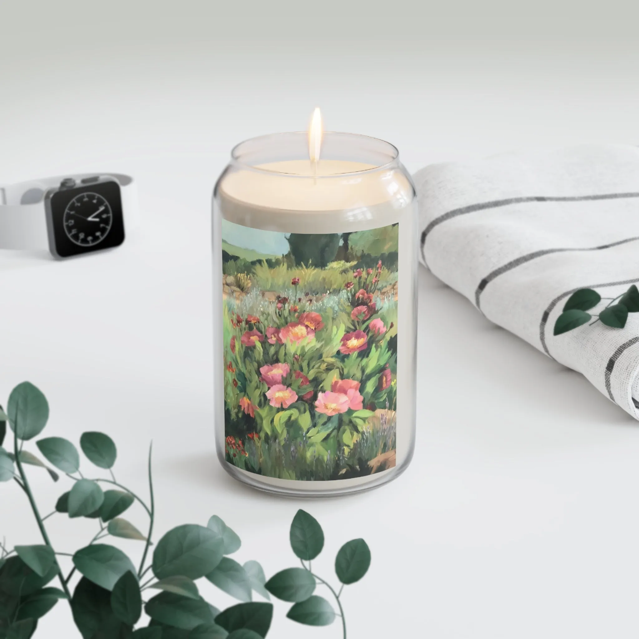 13.75oz Eco-Friendly Scented or Unscented Soy Wax Candle Jar with 'Pink Blooms' Floral Artwork by American Artist Barbara Cleary