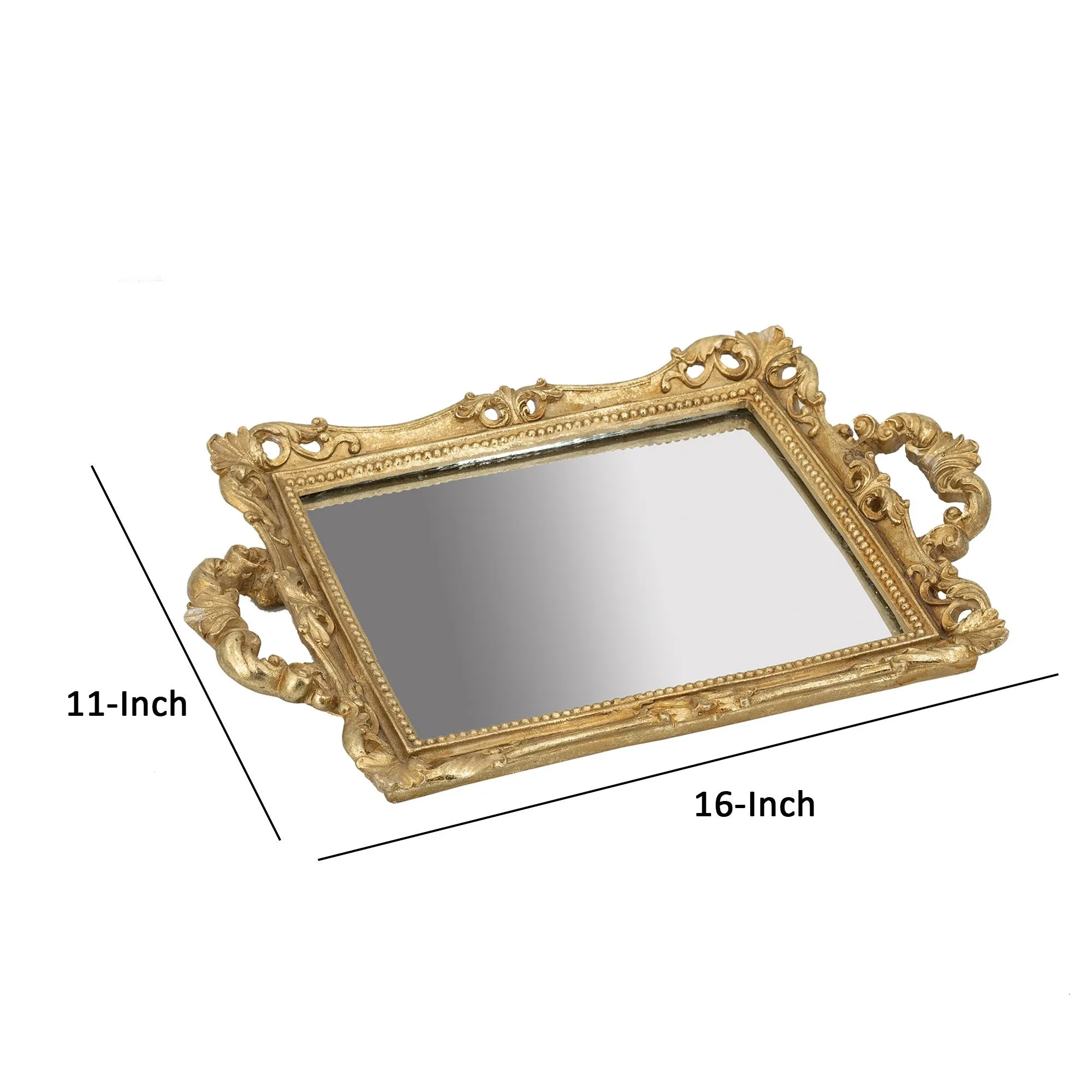 16 Inch Serving Tray, Decorative, Mirrored Bottom, Carved Gold Frame By Casagear Home