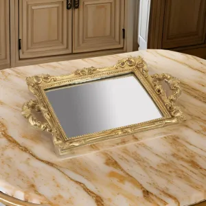 16 Inch Serving Tray, Decorative, Mirrored Bottom, Carved Gold Frame By Casagear Home