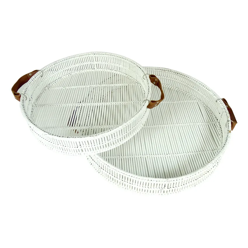 2 Piece White Bamboo Tray Set