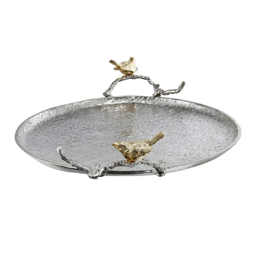 21 Inch Decorative Tray Set of 2, Perched Birds Silver Metal, Large By Casagear Home