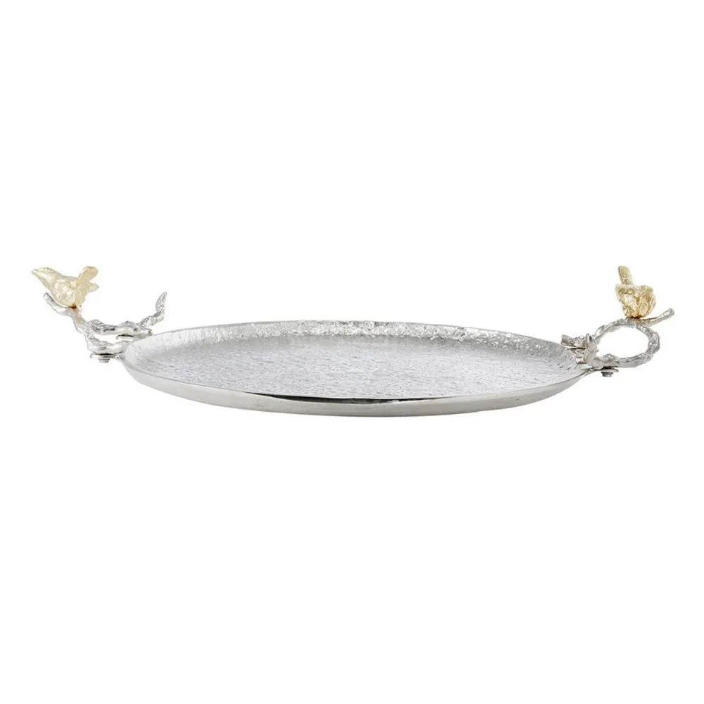 21 Inch Decorative Tray Set of 2, Perched Birds Silver Metal, Large By Casagear Home
