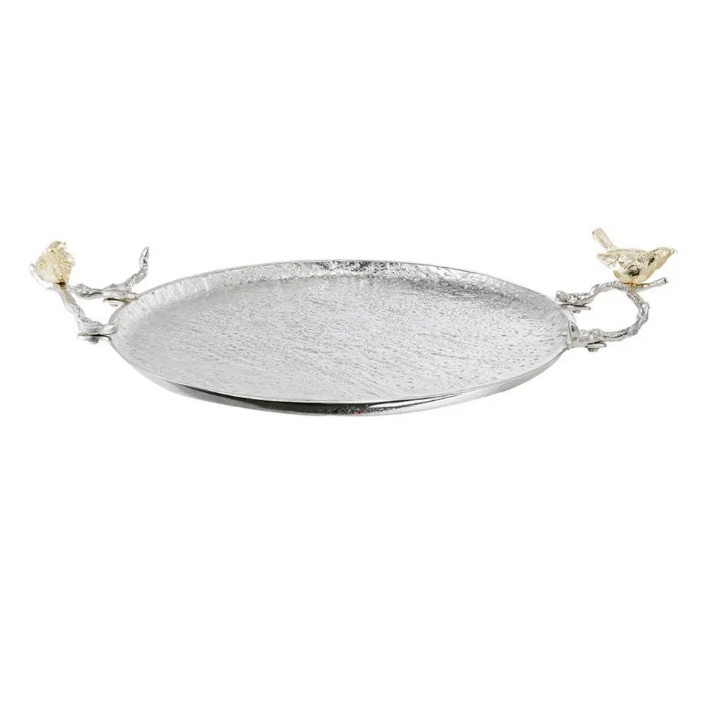 21 Inch Decorative Tray Set of 2, Perched Birds Silver Metal, Large By Casagear Home