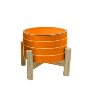 6" Striped Planter W/ Wood Stand, Orange