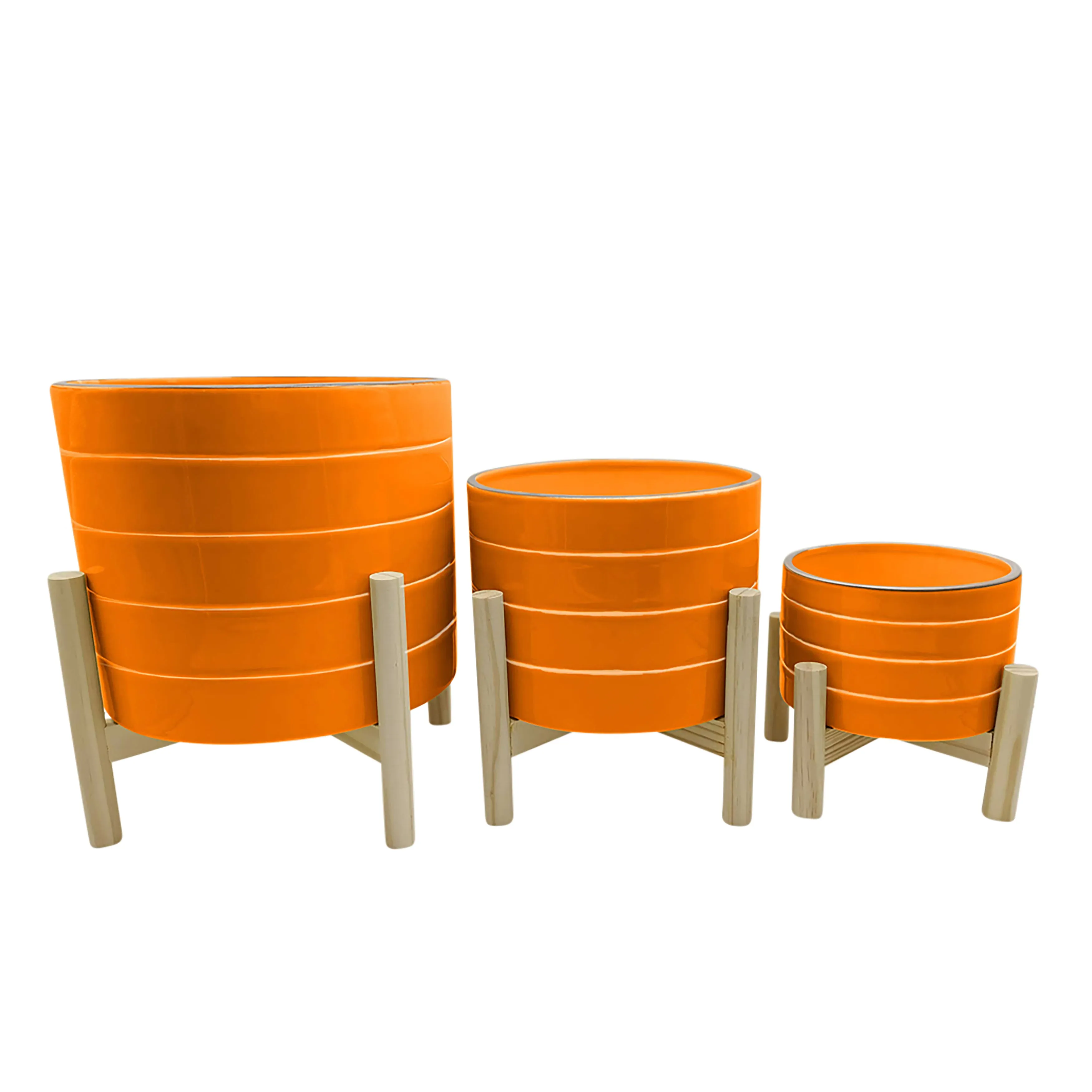 6" Striped Planter W/ Wood Stand, Orange