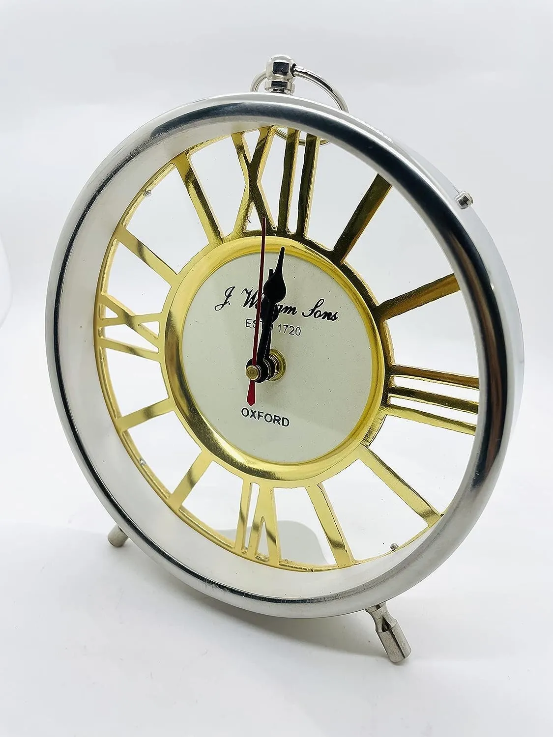 9 Inches Metal Round Shape Silver & Gold Finish Table Clock, Roman Numerals Desk, Shelf Clock for Home & Office Decor