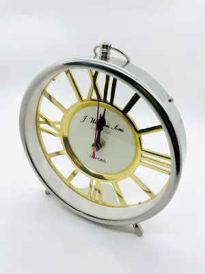 9 Inches Metal Round Shape Silver & Gold Finish Table Clock, Roman Numerals Desk, Shelf Clock for Home & Office Decor