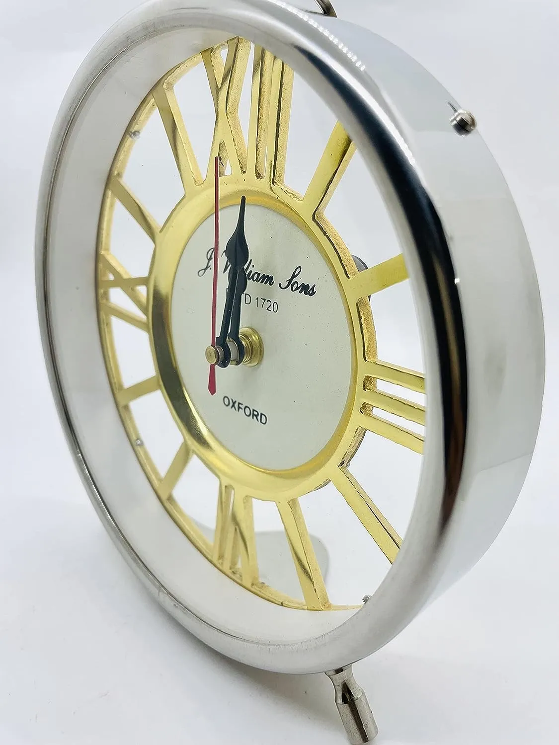9 Inches Metal Round Shape Silver & Gold Finish Table Clock, Roman Numerals Desk, Shelf Clock for Home & Office Decor