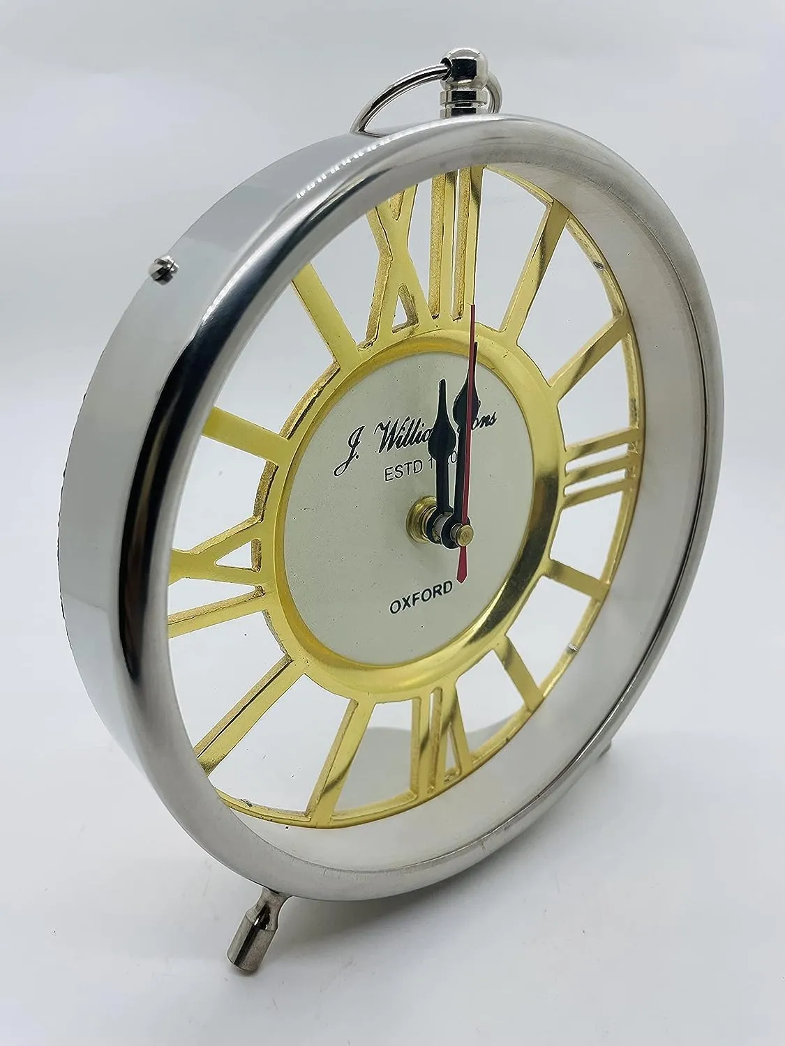 9 Inches Metal Round Shape Silver & Gold Finish Table Clock, Roman Numerals Desk, Shelf Clock for Home & Office Decor
