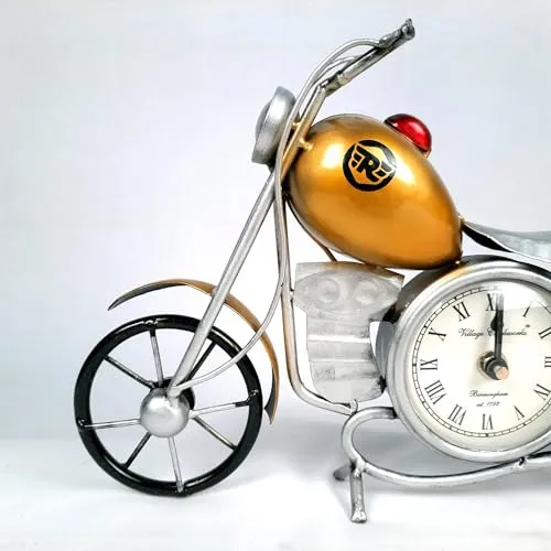 Apka Mart The Online Shop Table Clock Cum Bike Showpiece | Desk Clock - for Home, Living Room, Study Table, Desk, Office Decor & Gifts - 12 Inch (Iron, Yellow)
