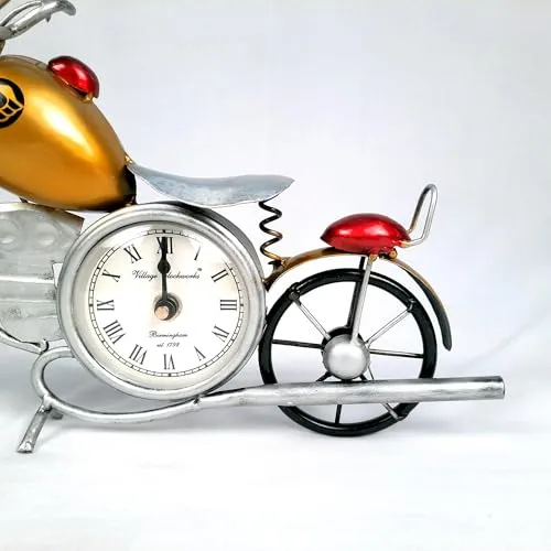Apka Mart The Online Shop Table Clock Cum Bike Showpiece | Desk Clock - for Home, Living Room, Study Table, Desk, Office Decor & Gifts - 12 Inch (Iron, Yellow)