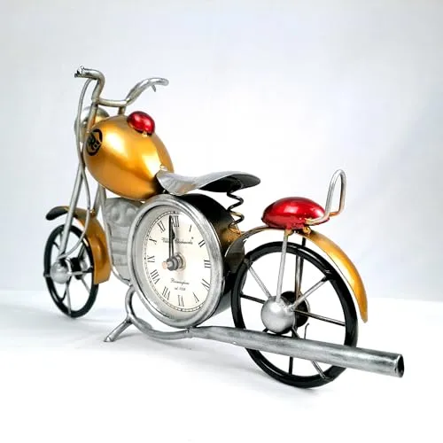 Apka Mart The Online Shop Table Clock Cum Bike Showpiece | Desk Clock - for Home, Living Room, Study Table, Desk, Office Decor & Gifts - 12 Inch (Iron, Yellow)