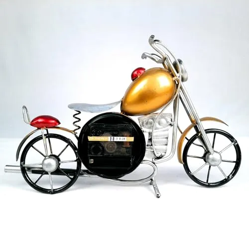 Apka Mart The Online Shop Table Clock Cum Bike Showpiece | Desk Clock - for Home, Living Room, Study Table, Desk, Office Decor & Gifts - 12 Inch (Iron, Yellow)
