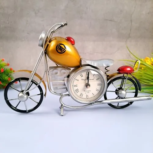 Apka Mart The Online Shop Table Clock Cum Bike Showpiece | Desk Clock - for Home, Living Room, Study Table, Desk, Office Decor & Gifts - 12 Inch (Iron, Yellow)