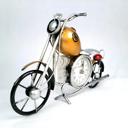 Apka Mart The Online Shop Table Clock Cum Bike Showpiece | Desk Clock - for Home, Living Room, Study Table, Desk, Office Decor & Gifts - 12 Inch (Iron, Yellow)