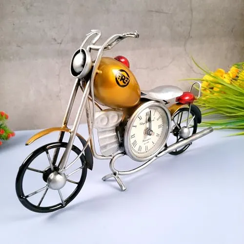 Apka Mart The Online Shop Table Clock Cum Bike Showpiece | Desk Clock - for Home, Living Room, Study Table, Desk, Office Decor & Gifts - 12 Inch (Iron, Yellow)