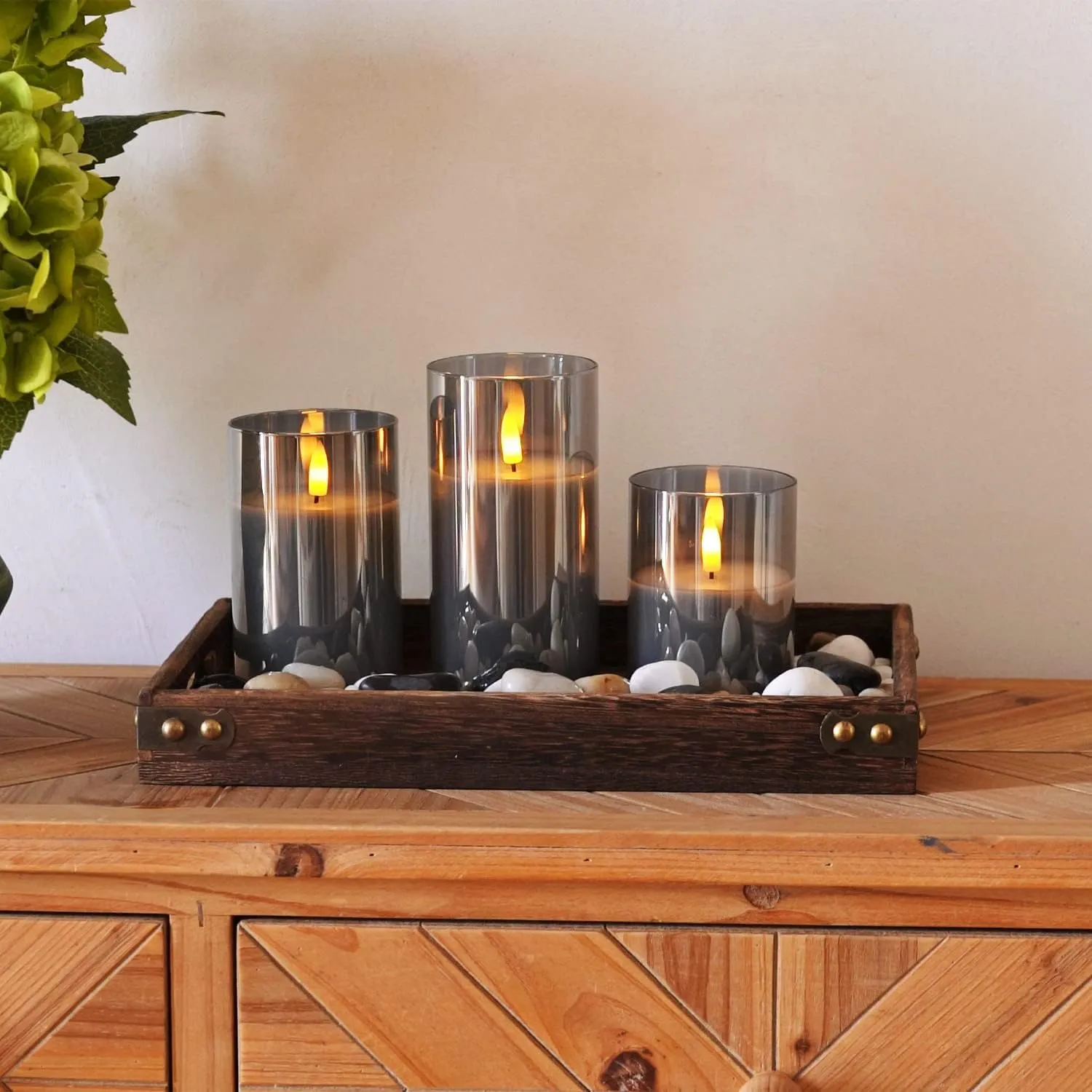 BAREPEPE Glass Electric LED Candles for Home Decoration Diwali Christmas Flameless Flickering Wick with Remote Battery Operated - Grey - Set of 3