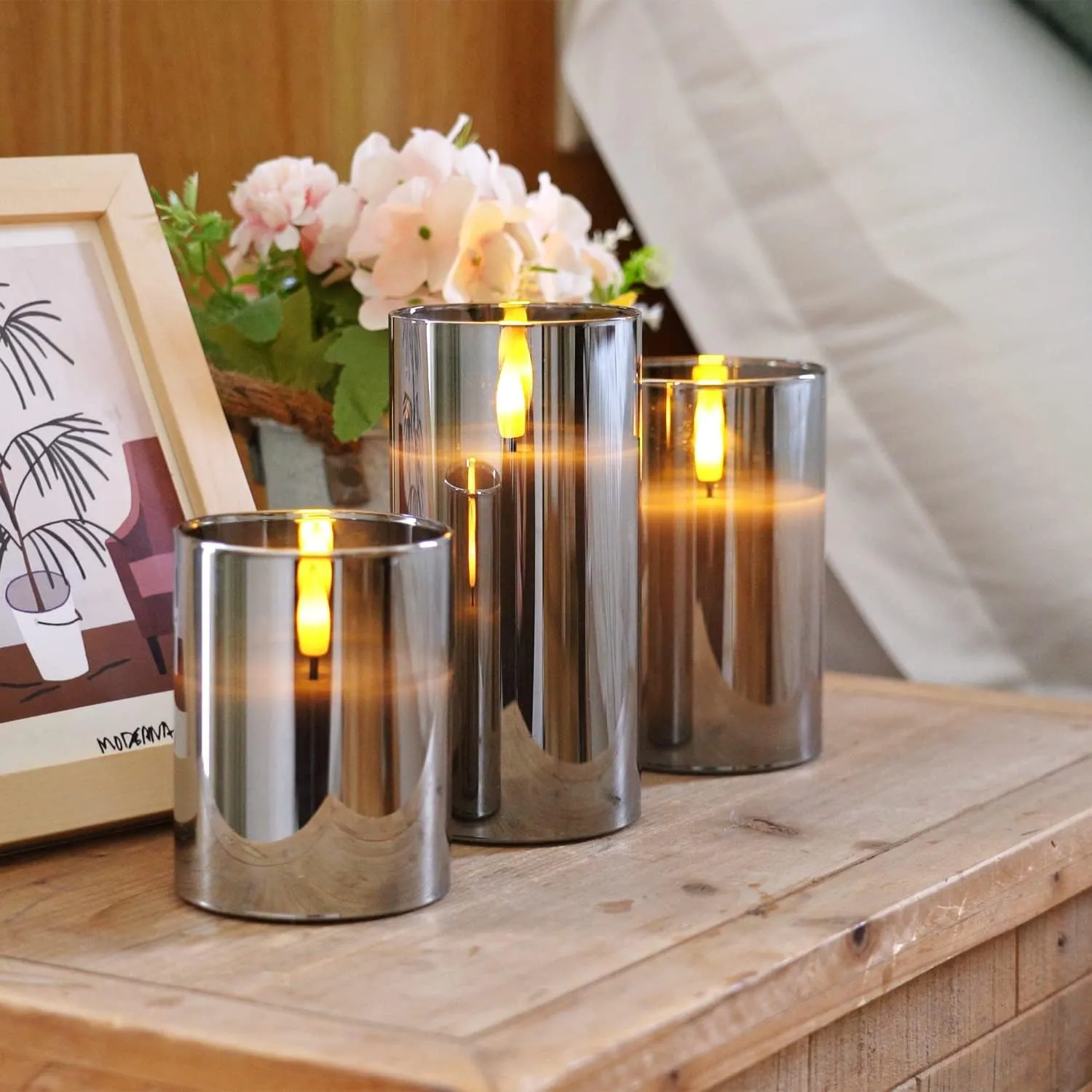 BAREPEPE Glass Electric LED Candles for Home Decoration Diwali Christmas Flameless Flickering Wick with Remote Battery Operated - Grey - Set of 3