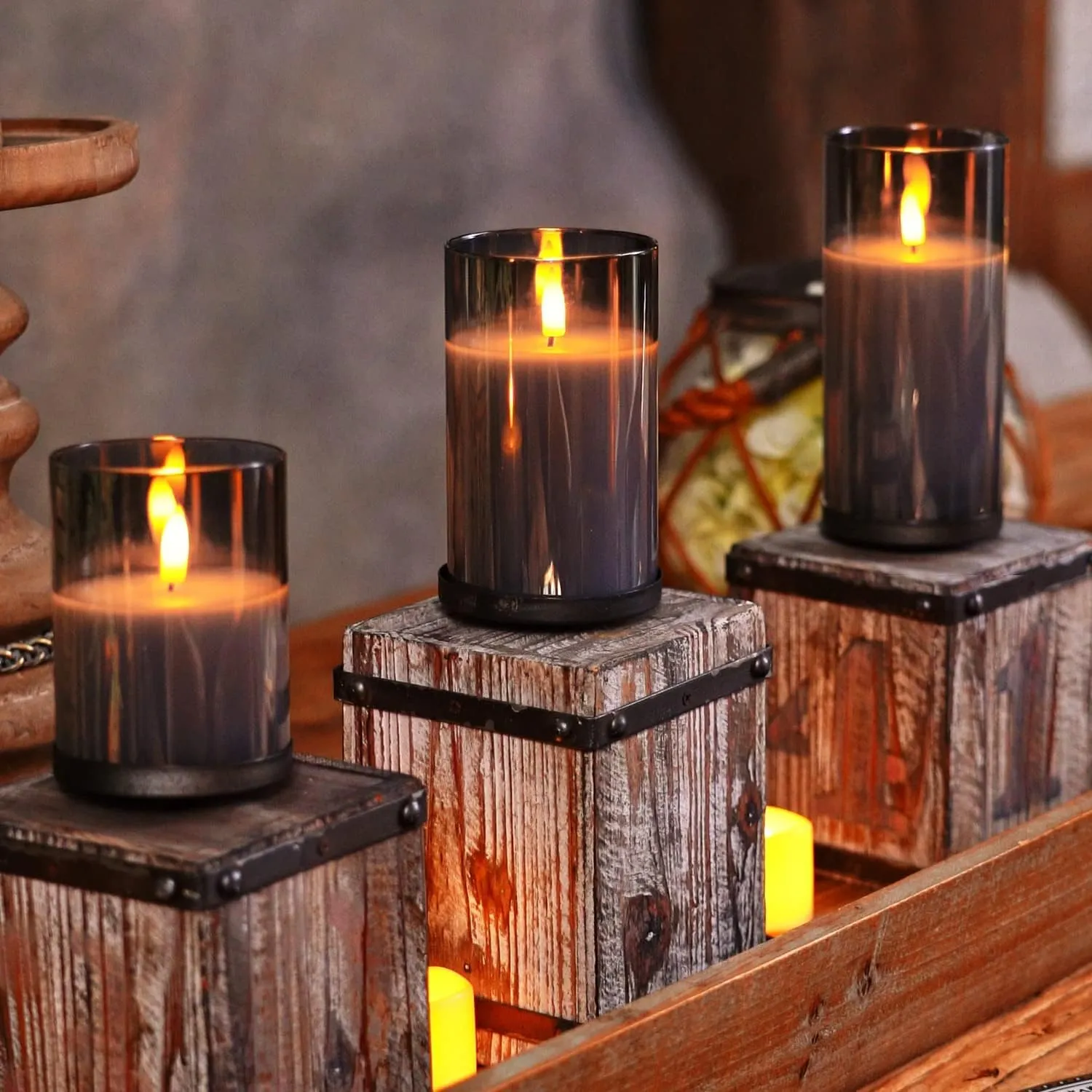 BAREPEPE Glass Electric LED Candles for Home Decoration Diwali Christmas Flameless Flickering Wick with Remote Battery Operated - Grey - Set of 3