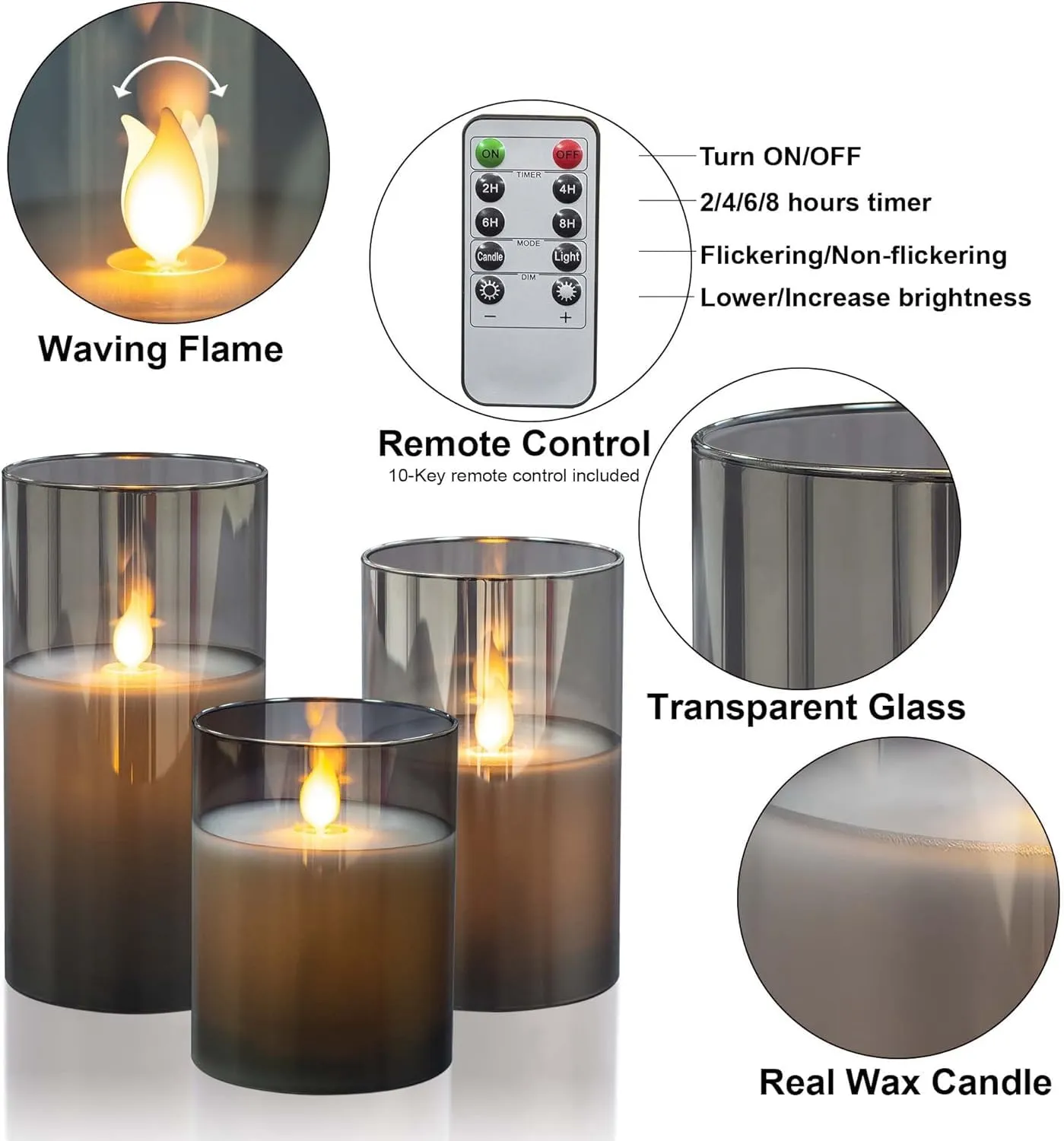 BAREPEPE Glass Electric LED Candles for Home Decoration Diwali Christmas Flameless Flickering Wick with Remote Battery Operated - Grey - Set of 3