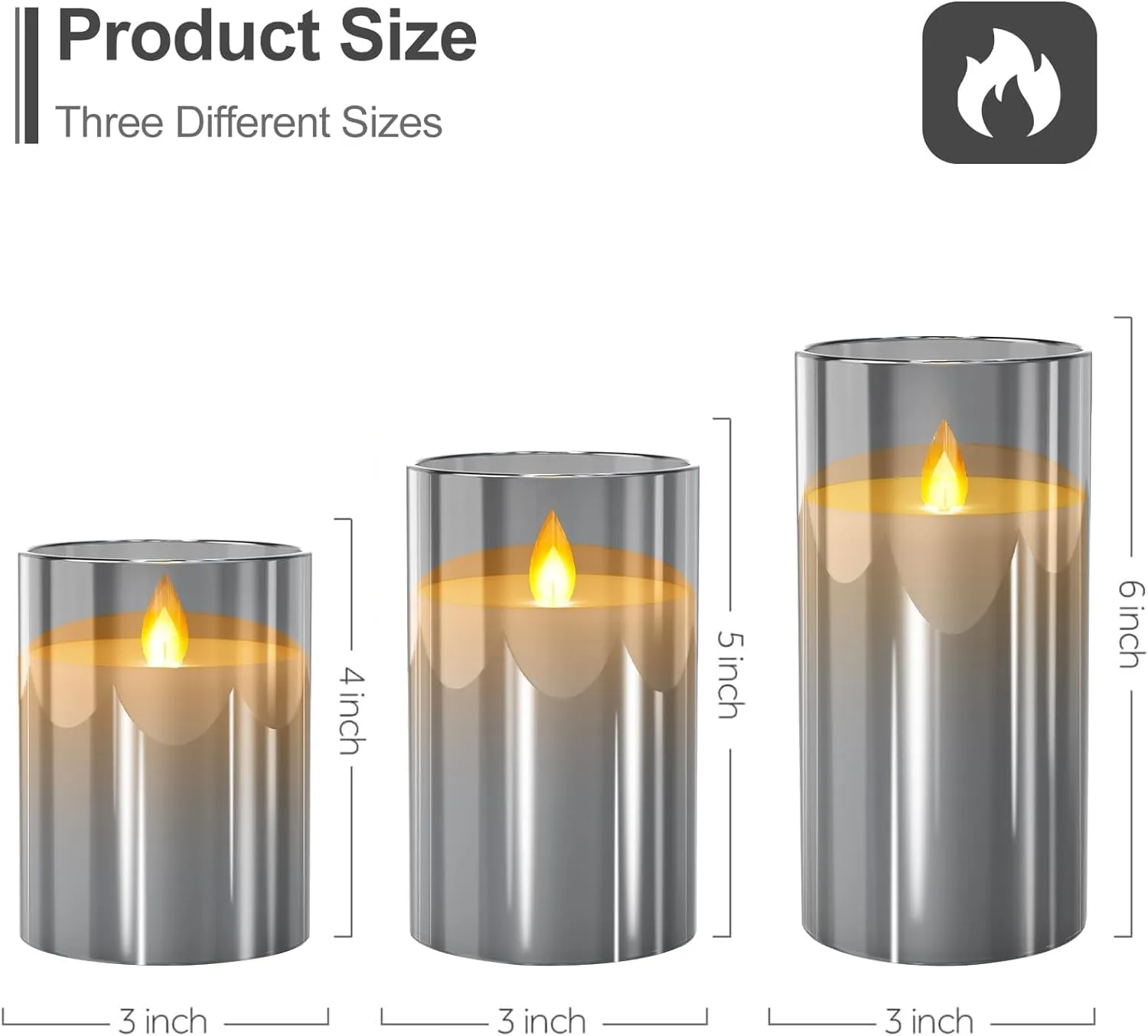 BAREPEPE Glass Electric LED Candles for Home Decoration Diwali Christmas Flameless Flickering Wick with Remote Battery Operated - Grey - Set of 3
