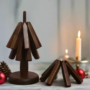 Black Walnut Foldable Christmas Tree Wooden Coasters – Creative Heat-Resistant Pot Mats & Kitchen Décor Accessories