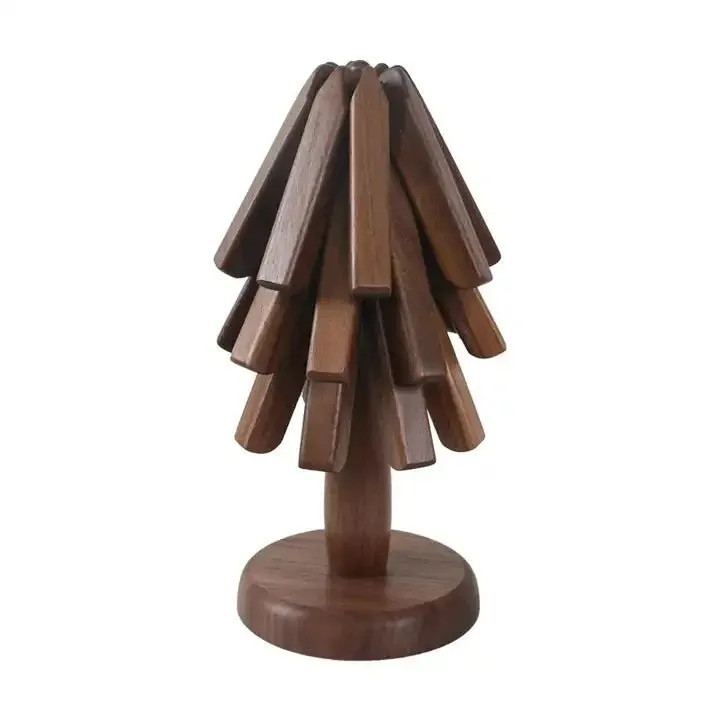 Black Walnut Foldable Christmas Tree Wooden Coasters – Creative Heat-Resistant Pot Mats & Kitchen Décor Accessories