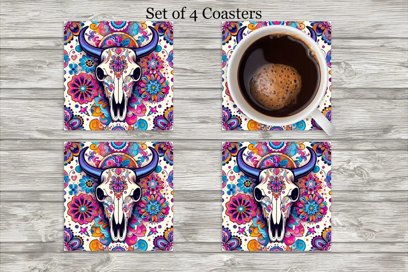 Bohemian Pink Western Bullhead Neoprene 4 Inch Square Coasters - Set of 4