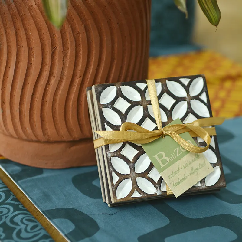 Carved Wooden Coaster, Taupe, Set of 4