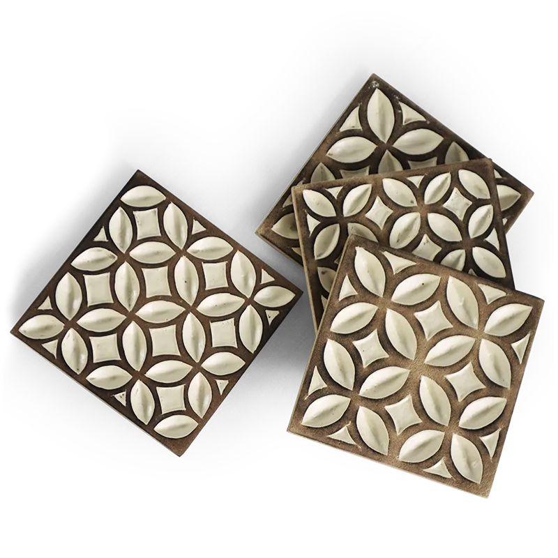 Carved Wooden Coaster, Taupe, Set of 4