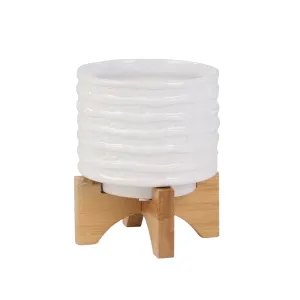 Ceramic 6" Planter On Stand, White Stripe
