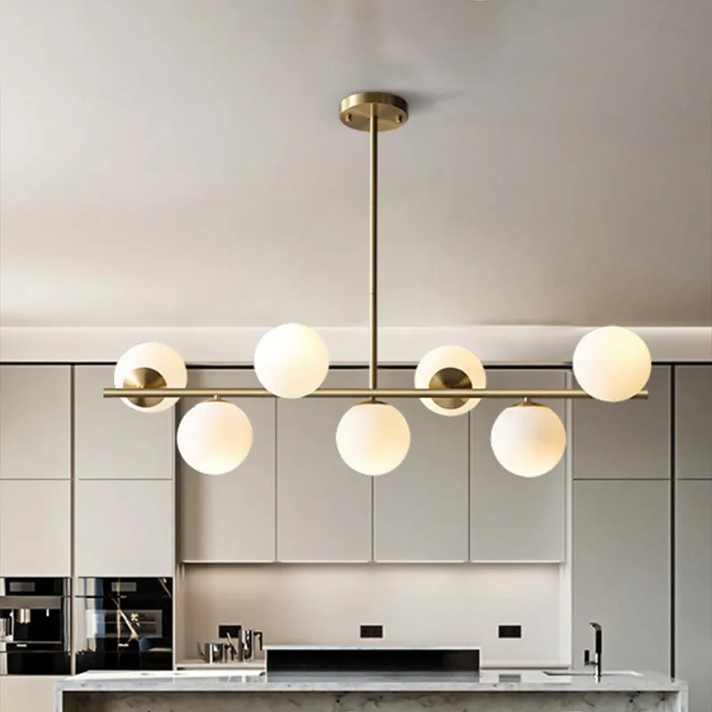 Contemporary Brass Pendant Lamp with 7-Light White Glass, Ideal for Living Room Illumination