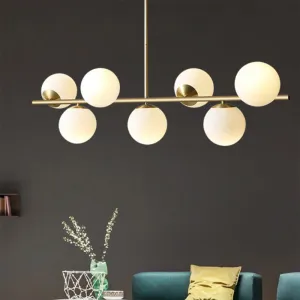 Contemporary Brass Pendant Lamp with 7-Light White Glass, Ideal for Living Room Illumination