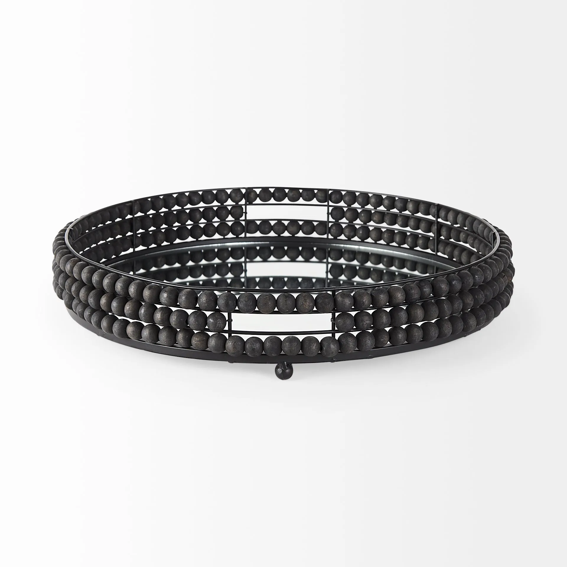 Decatur II Black Wooden Bead Mirrored Bottom Round Tray