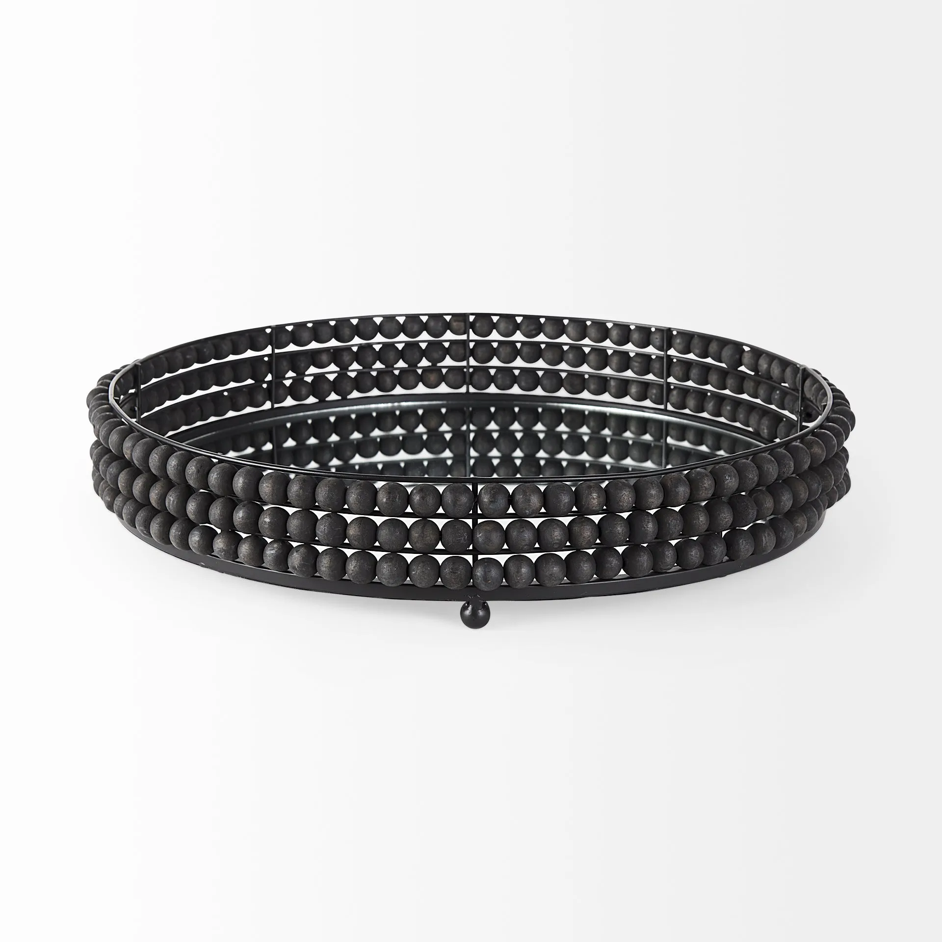 Decatur II Black Wooden Bead Mirrored Bottom Round Tray
