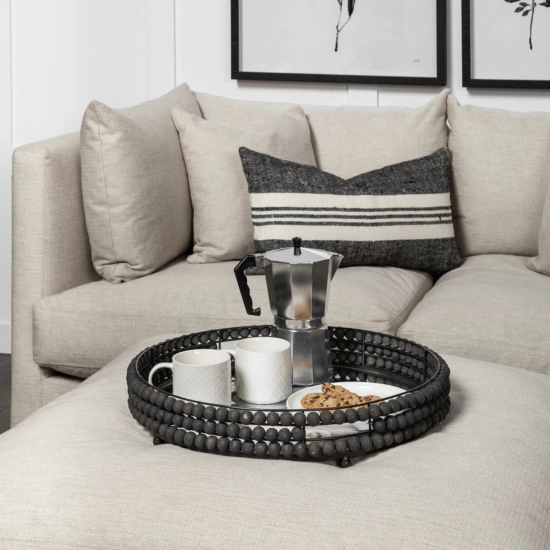 Decatur II Black Wooden Bead Mirrored Bottom Round Tray