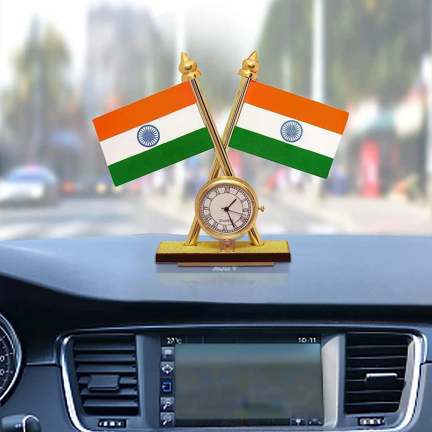 DIGSMORDEN India Cross Design Flags with Clock for Car Dashboard, Home, Study Table, Office Desk, Other