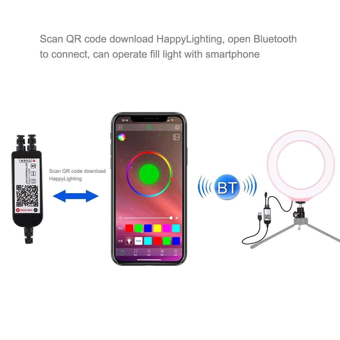 Dimmable 6.2 Usb Rgbw Led Ring Light with Cold Shoe Tripod & Remote