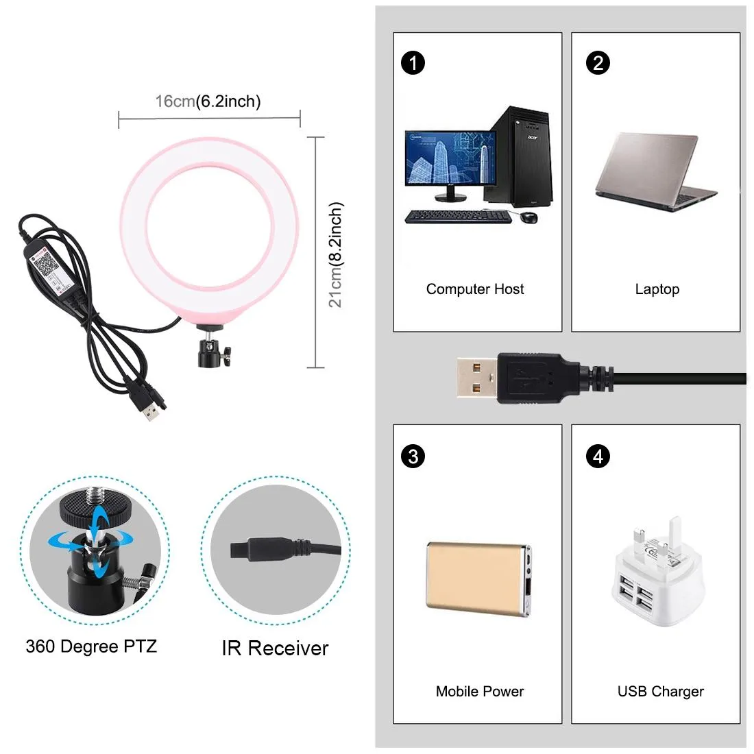 Dimmable 6.2 Usb Rgbw Led Ring Light with Cold Shoe Tripod & Remote