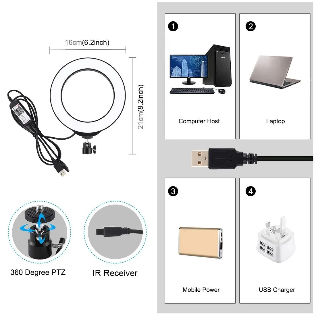 Dimmable 6.2 Usb Rgbw Led Ring Light with Cold Shoe Tripod & Remote