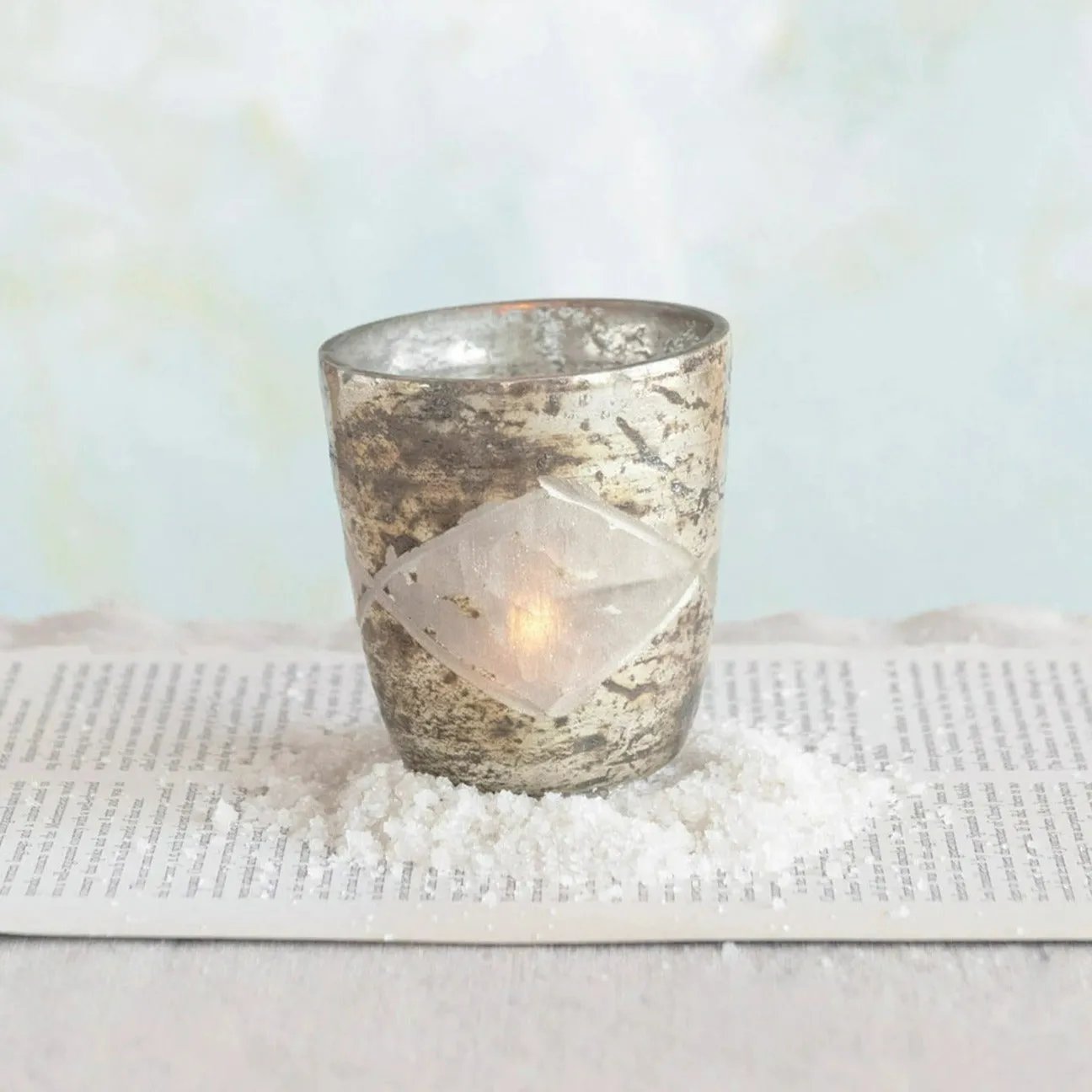 Distressed Mercury Glass Diamond Tealight Holder
