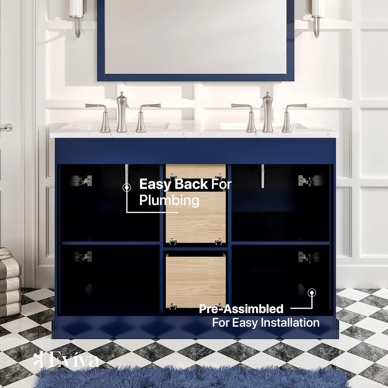 Eviva Epic 48" Bathroom Vanity Double Sinks Undermount Carrara Quartz Countertop New