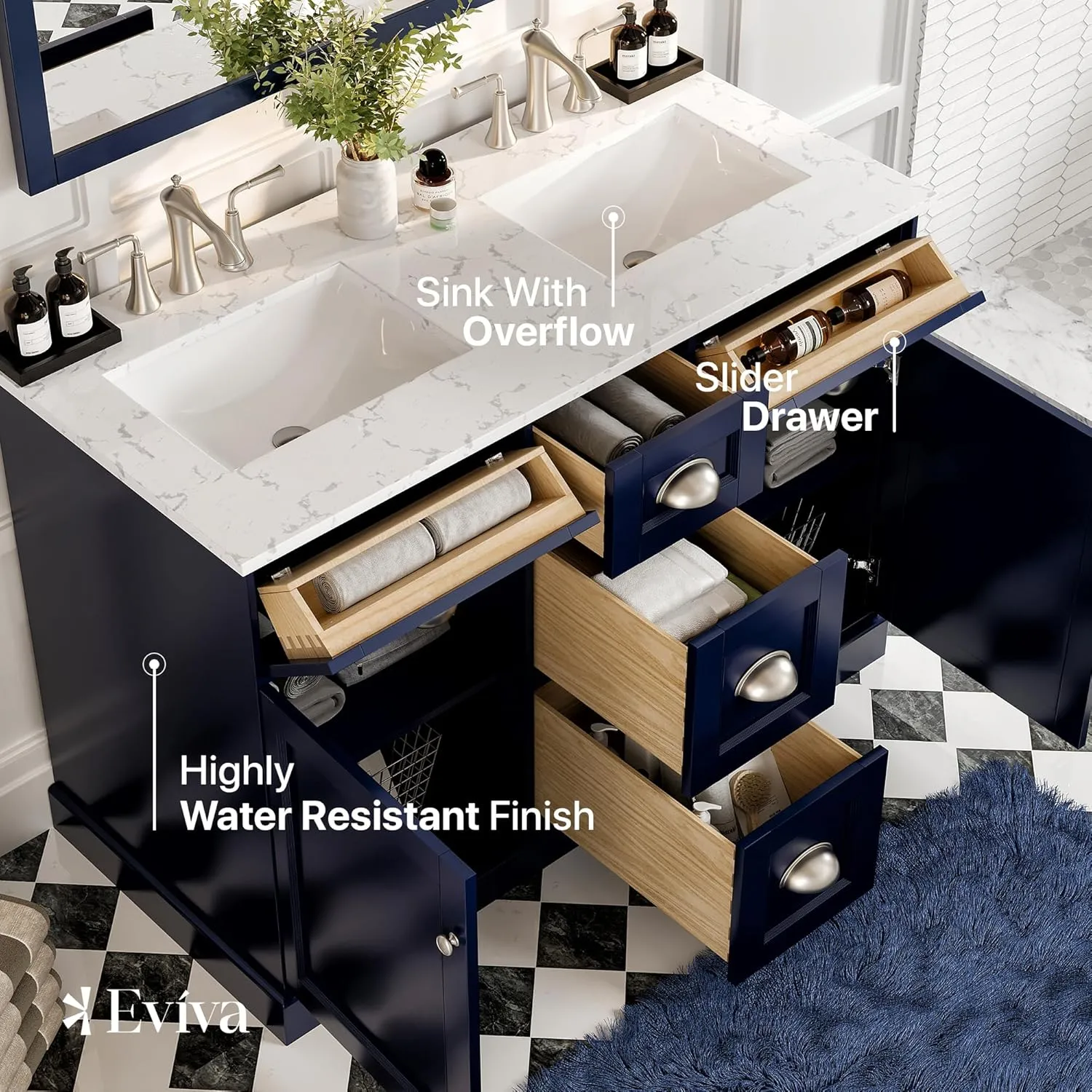 Eviva Epic 48" Bathroom Vanity Double Sinks Undermount Carrara Quartz Countertop New