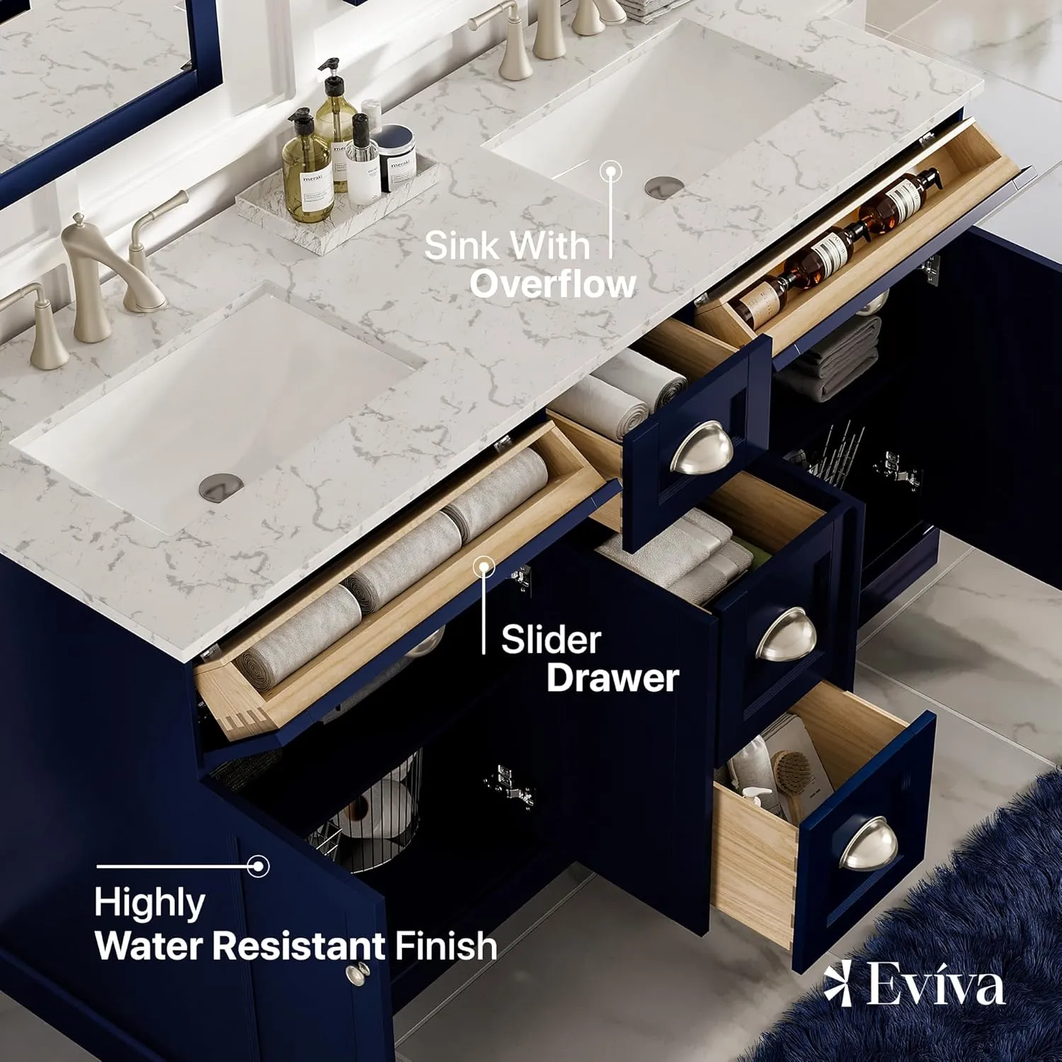 Eviva Epic 60" Bathroom Vanity Double Sinks Undermount Carrara Quartz Countertop New