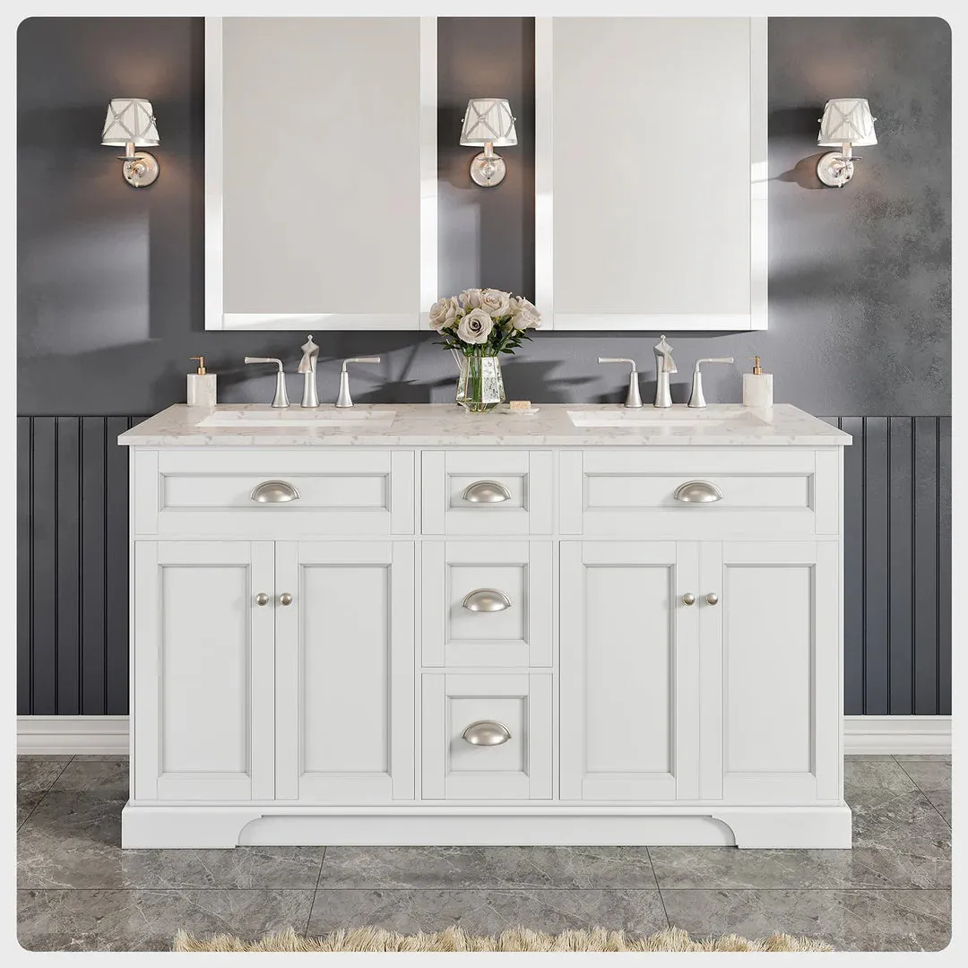Eviva Epic 60" Bathroom Vanity Double Sinks Undermount Carrara Quartz Countertop New