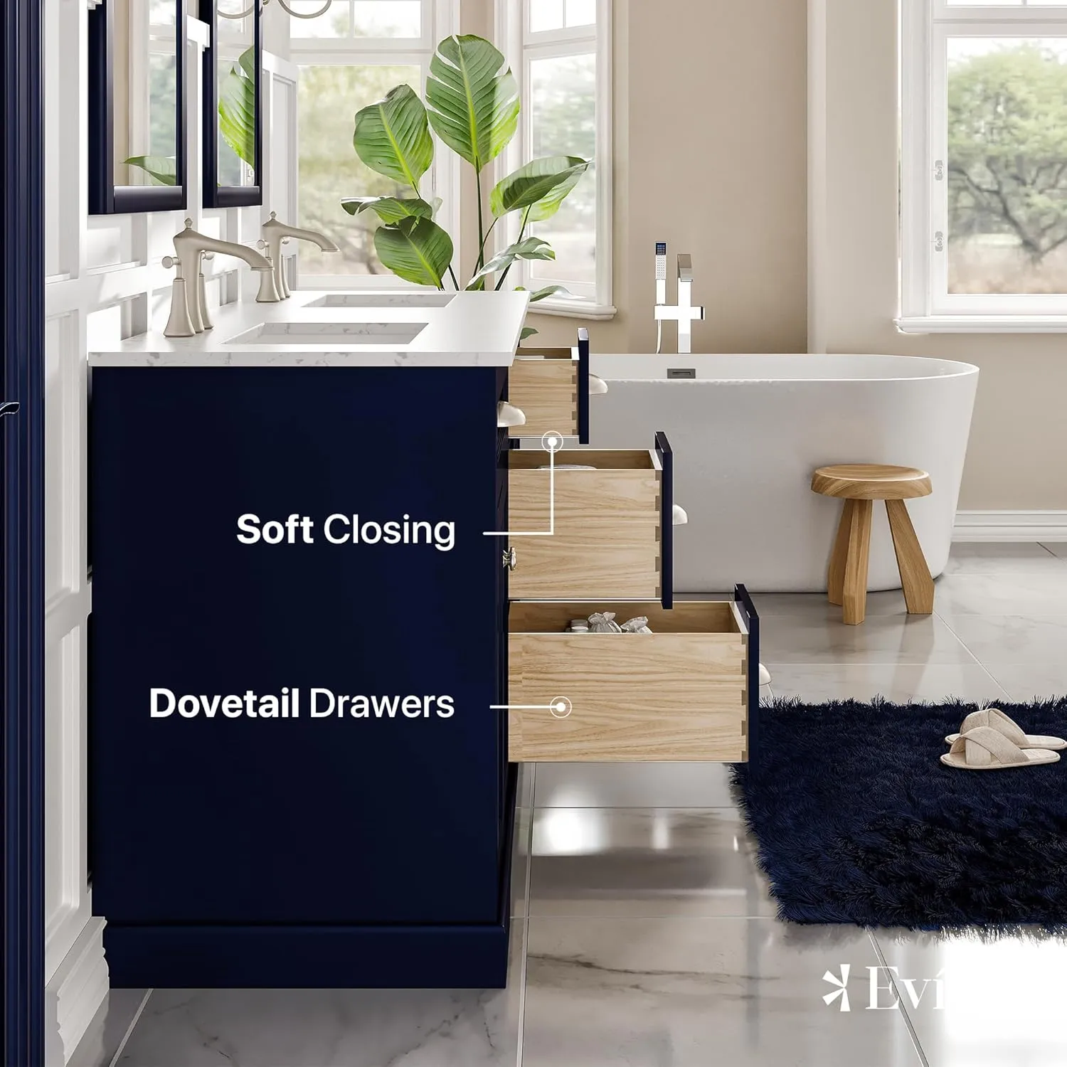 Eviva Epic 60" Bathroom Vanity Double Sinks Undermount Carrara Quartz Countertop New