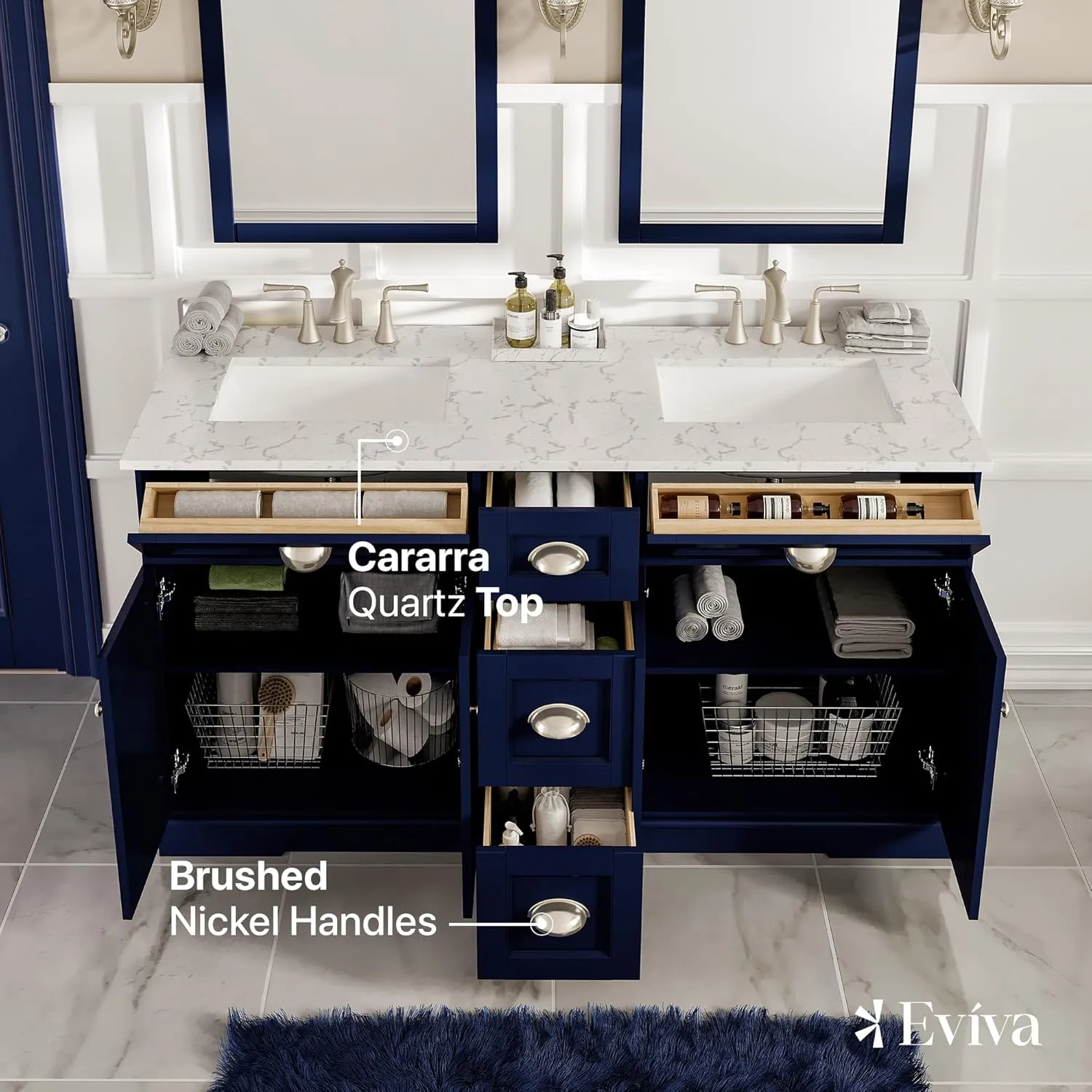 Eviva Epic 60" Bathroom Vanity Double Sinks Undermount Carrara Quartz Countertop New