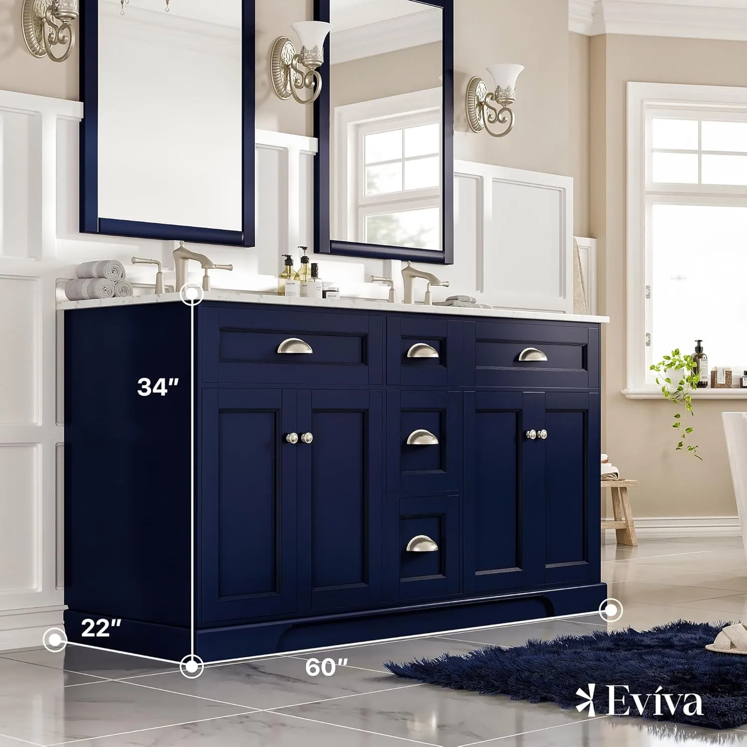 Eviva Epic 60" Bathroom Vanity Double Sinks Undermount Carrara Quartz Countertop New